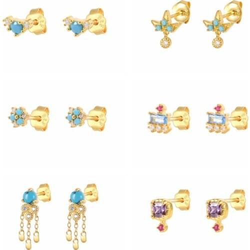 AIDE 2021 925 Silver Turquoise Flower Piercing Stud Earrings Pendientes Plata Aretes Woman Fine Jewelry Gift Bijoux Femme Серьги