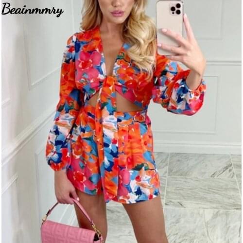Za Women Printed 2 Piece Set Fashion Casual Long Sleeve V Neck Lace Up Blouse Shirt And Elastic Waist Shorts Pants Beach Outfits