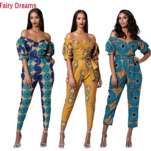 Women Sexy African Jumpsuits Traditional Print Summer African Clothing Off Shoulder Dashiki Ankara Bandage Trousers Pencil Pant