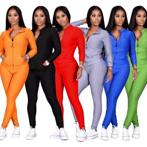 2020 Autumn/Winter Womens New Fashion Fish Scale Bubble Jacquard Leisure Sports Home Set Women Suit Sets