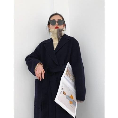 Suit collar mid-length section was thin and temperament Hepburn style double-sided cashmere coat woolen coat female 21 new