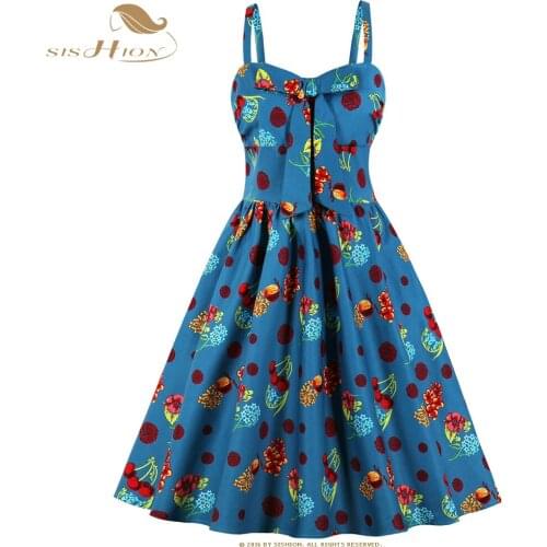 SISHION Sleeveless Summer Women Cotton Dress VD1491 A Line Swing Cherry Floral Print Black Ladies Pin Up Vintage Dress 50s 60s