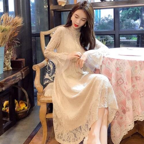 2019 Autumn Dress Women Long Sleeve Lace Dress Plus Size Dress Elegant Lady Long Ruffle Party Dresses Vestidos Femme Robes f2450