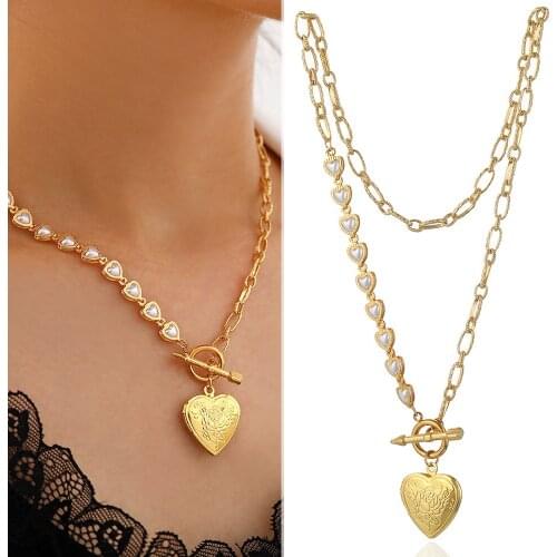 Lady Heart Pendant Clavicle Necklace Stainless Steel Gold Color Chain Simulated Pearl Choker Necklace Banquet Jewelry Gift
