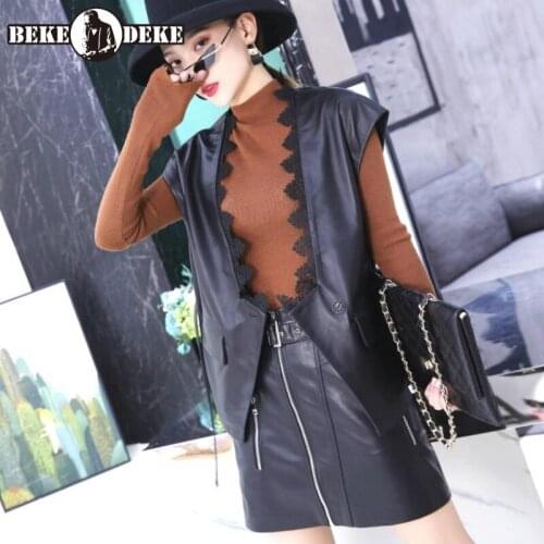 Korean Spring Autumn New Women Genuine Leather Waistcoat V-Neck Single Button Sashes Sheepskin Spliced Lace Edge Female Vests