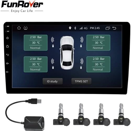 Car TPMS Android Funrover For DVD Player Monitor Wireless Tire Pressure Monitoring System with 4 Internal Tyre Sensors usb plug
