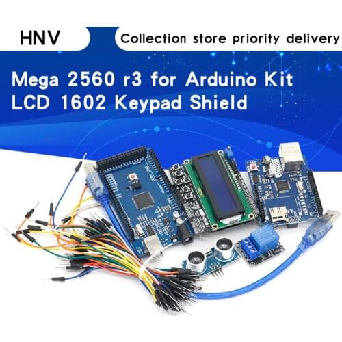 Free Shipping Mega 2560 r3 for arduino kit + HC-SR04 +breadboard cable + relay module+ W5100 UNO shield + LCD 1602 Keypad shield