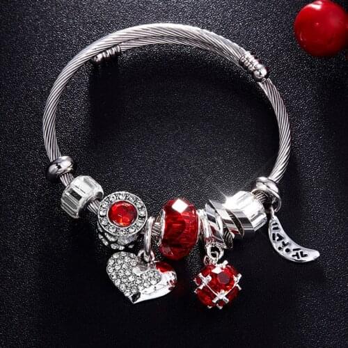 RAVIMOUR Love Heart DIY Bracelet Crystal Bead Charms Bracelets & Bangles Fashion Indian Jewelry Steel Chain Wristband Brand Gift