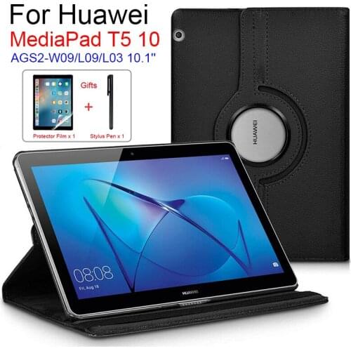 Cover For Huawei MediaPad T5 10 AGS2-W09/L09/L03/10.1 inch T5 10.1 360 Rotating Flip Stand Leather FlipTablet Case+Film+Pen