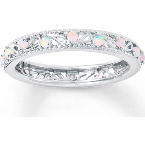 Elegant Woman Exquisite White Opals Hollow Ring Fashion Silver Color Birthstone Wedding Party Jewelry