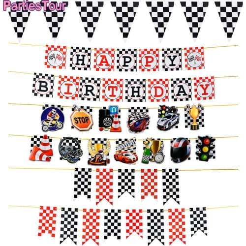 Racing Car Theme Happy Birthday Banner White Black Peannat Garden Banner 2nd 3rd 4th Birthday Party Decoration Motorcycle Flags