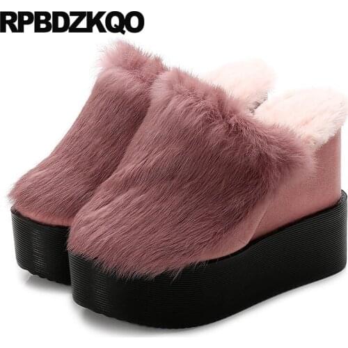 Fashion shoes 2018 women fetish furry slippers slides platform flatforms real fur stripper 5 wedge footwear pink rabbit winter