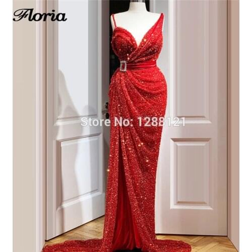 Red High Split Side Beading Evening Dresses 2020 Vestidos Festa Turkish Party Dress Celebrity V Neck Sequins Prom Dress Dubai