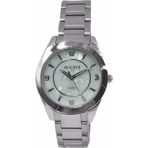 Alexis Unisex Analog Quartz Round Watch Japan Miyota Movement Shiny Silver Stainless Steel Band White Dial Water Resistant