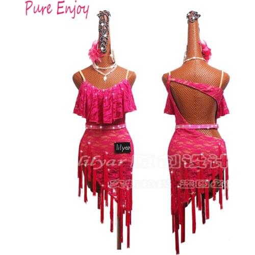 Latin Dance Dresses For Women rose Red Lace Club Party Dancer Singer Entertainer Fringe Tassel rose Red dance Dress