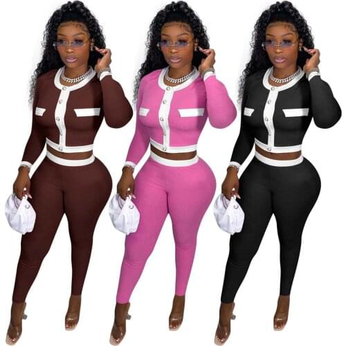 Fashion New Autumn Color Block Patchwork Solid Two Piece Set Women Sexy Button Long Sleeve Crop Top + Pants Slim Tracksuit Women