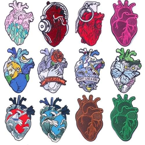 DIY Heart Embroidered Patches For Jacket Clothes Stickers Badges Red/Green Heart Punk Stripes Applique Patch Iron On Patches