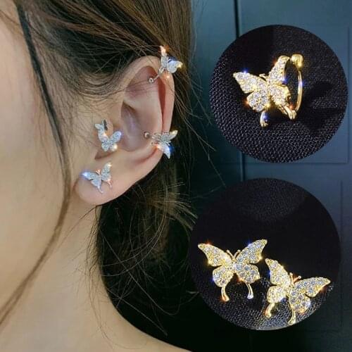 New products Rhinestone Earcuff Gold Color Butterfly Stud Earrings Cute For Women No Piercing Fake Cartilage Earring Jewelry