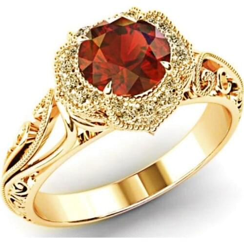 Ofertas 3 Colors Fashion Inlaid Engraved Red Zirconia Pattern Hollow Rings for Women Engagement Party Wedding Banquet Jewelry