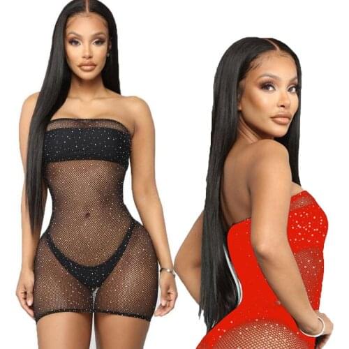 Sheer Plus Size Shimmery stone Tube Dress Fat bodystocking Fashion mesh babydoll underwear erotic lingerie hot fishnet Diamond