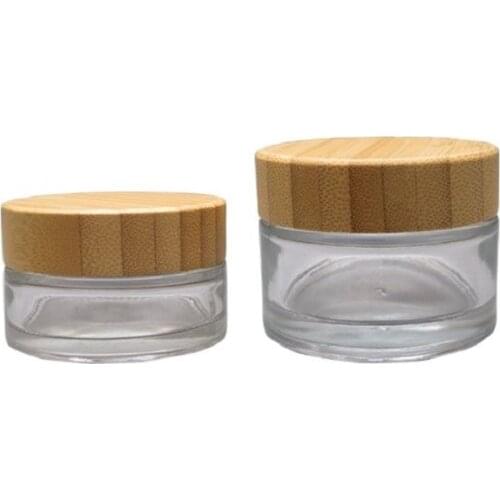 30G 50G 10pcs/lot Clear Glass Cream Container with Bamboo Cap, Round Empty Top Quality Glass Cosmetic Jar, DIY Makeup Tools