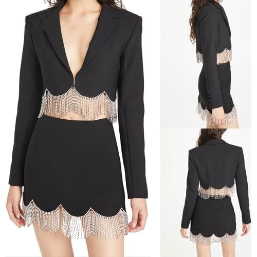 Sexy Young Girl Suits Deep V Neck Metal Tassel Short Blazer Mini Skirt Club Party Wear 2 Pieces Set