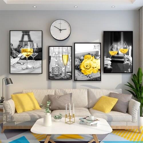 Nordic Yellow Champagne Wine Cheers Roses Canvas Painting Wall Art Print Poster for Kitchen Living Room Picture Home Decor