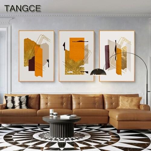 Modern Gold Foil Canvas Painting Abstract Orange Color block HD Poster Print for Living Room Aisle Wall Art Picture Poster Decor