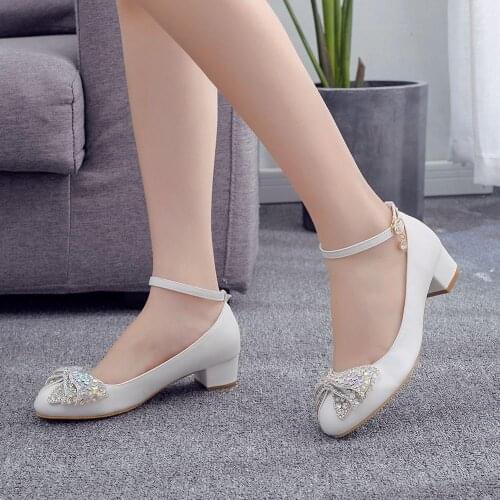 Womens Shoes 3cm Low Heel High Heels Square Heel Round Head Single Shoes Rhinestone Bow White Wedding Shoes Banquet Dress Pumps