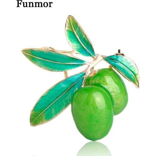 Funmor Enamel Green Plum Fruit Brooches For Women Gold-Color Harajuku Plant Brooch Hijab Pins Girls' Hat Bags Broche Gift