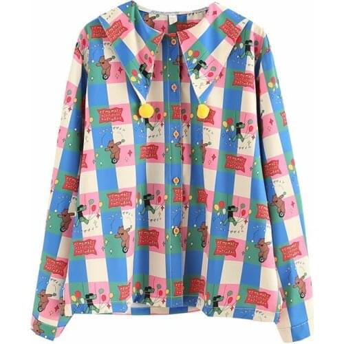 Harakuju Cartoon Print Blouse For Women 2020 Autumn Vintage Long Sleeve Turndown Collar Shirts Sweet Style Ladies Basic Top