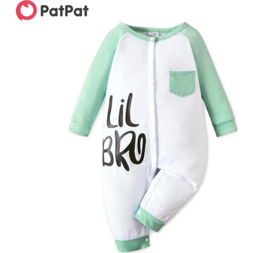 PatPat Baby Girl Letter Print Button Design Long-sleeve Colorblock Jumpsuit with Pocket