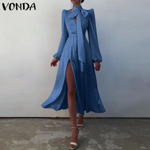 VONDA Bohemian Women Satin Dress 2021 Autumn Sexy V-Neck Solid High Waist Puff Sleeve Split Party Dresses Elegant Bow Vestidos