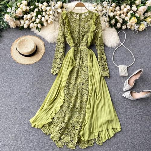 2021 New Spring Autumn Women Long Sleeve Slim Long Dress High Quality Pleated Chiffon Ruffles Patchwork Hollow Out Lace Dress