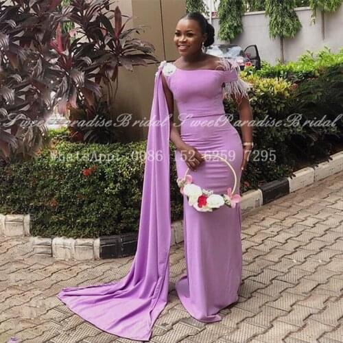 2020 Lavender Mermaid Bridesmaid Dresses With Streamer Feather Coral Off Shoulder Women Long Wedding Party Dress Prom Vestidos
