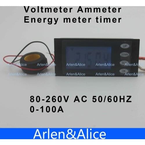 LCD 5IN1 display 100A Voltage current active power energy meter blue backlight panel voltmeter ammeter kwh 80-260V 50/60HZ