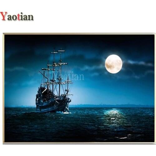 5d Diy Diamond Painting Full Round Square Drill Moon Night Ship Sea Landscape Diamond Embroidery Rhinestone Mosaic Cross Stitch