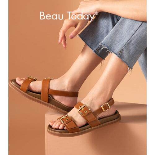 BeauToday Gladiator Sandals Women Genuine Cow Leather Round Toe Double Buckle Summer Beach Back Strap Female Flat Shoes 32353