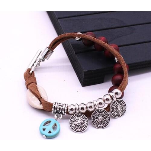 Wooden bead bracelet bohemian style mens bracelet retro alloy flower hand-woven bracelet leather rope beaded jewelry