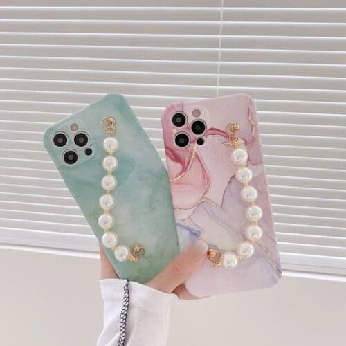 Watercolor Marble Liquid Silicone Phone Case Pearl Chain For iPhone 12 Pro Max 11 7 8 Plus X XR XS SE2020 Shockproof Soft Cover