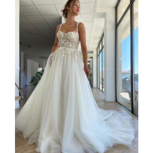 Pretty Appliques Flowers Wedding Dress for Bride Spaghetti Strap Long Tulle Wedding Bridal Gowns Long Robe De Soirée De Mariage