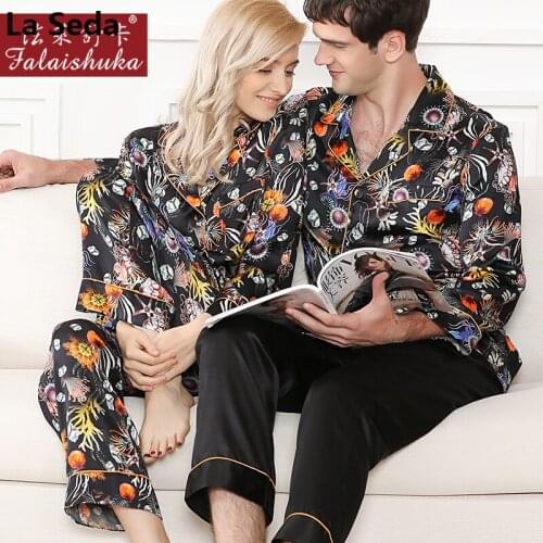 Elegance Retro 100% natural silk lovers pajamas sets women sexy 100% genuine silk noble pyjamas women men sleepwear T8243QL