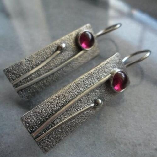 Ethnic Long Geometric Round Red Stone Earrings Retro Ancient Metal Tree Branch Plant Drop Dangle Earrings for Women