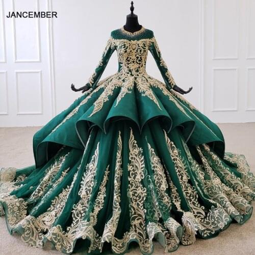 HTL1099 Luxury Green Crystal Evening Dress 2020 Long Sleeve Appliques Beading Ball Gown Lace Up Back Plus Size
