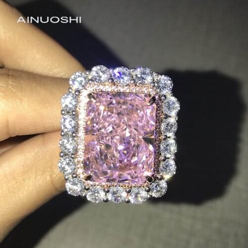 AINUOSHI 14K/18K White & Rose Gold Two-Tone 14X18mm 20ct Radiant Pink AINUOSHI Stone Halo Rings for Women Valentines Day Gift