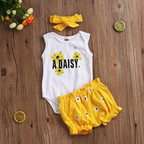 Fashion Toddler Baby Girls Summer 3PCS Clothes Set Sunflower Cotton Sleeveless Romper Playsuit+Shorts+Headband Casual Outfits