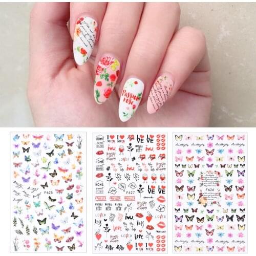 Rose Flowers Butterfly Nail Spring Stickers Red Nail Art Decals Decorations Tips Water Nail Decals Ins Style Ozdoby Do Paznokci