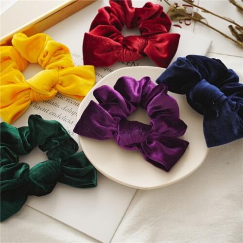 Women Sweet High Quality Thick Velvet Bow Knot Hair Scrunchies Vintage Bright Color Head Band Elastic Hair Rope Hair Accessories