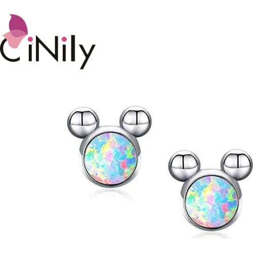 CiNily Pink & White Fire Opal Stud Earrings With Round Stone Silver & Rose Gold Color Cartoon Animal Mr. Mouse Cute Jewelry Girl