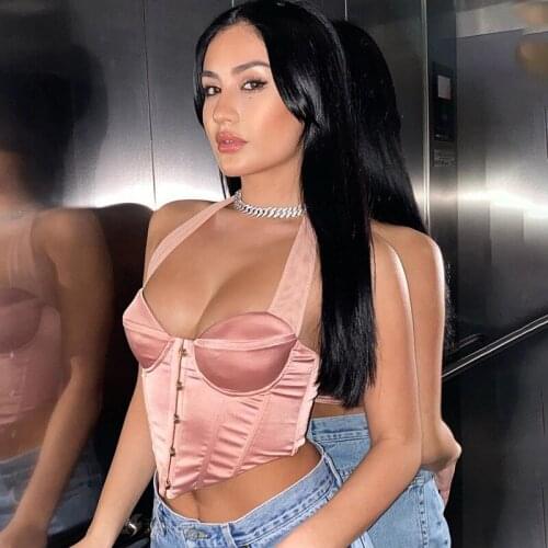 Echoine Spring Summer Sleeveless Crop Top Halter V-neck Corset Lace up Silk Lingerie Bustiers Party Streetwear